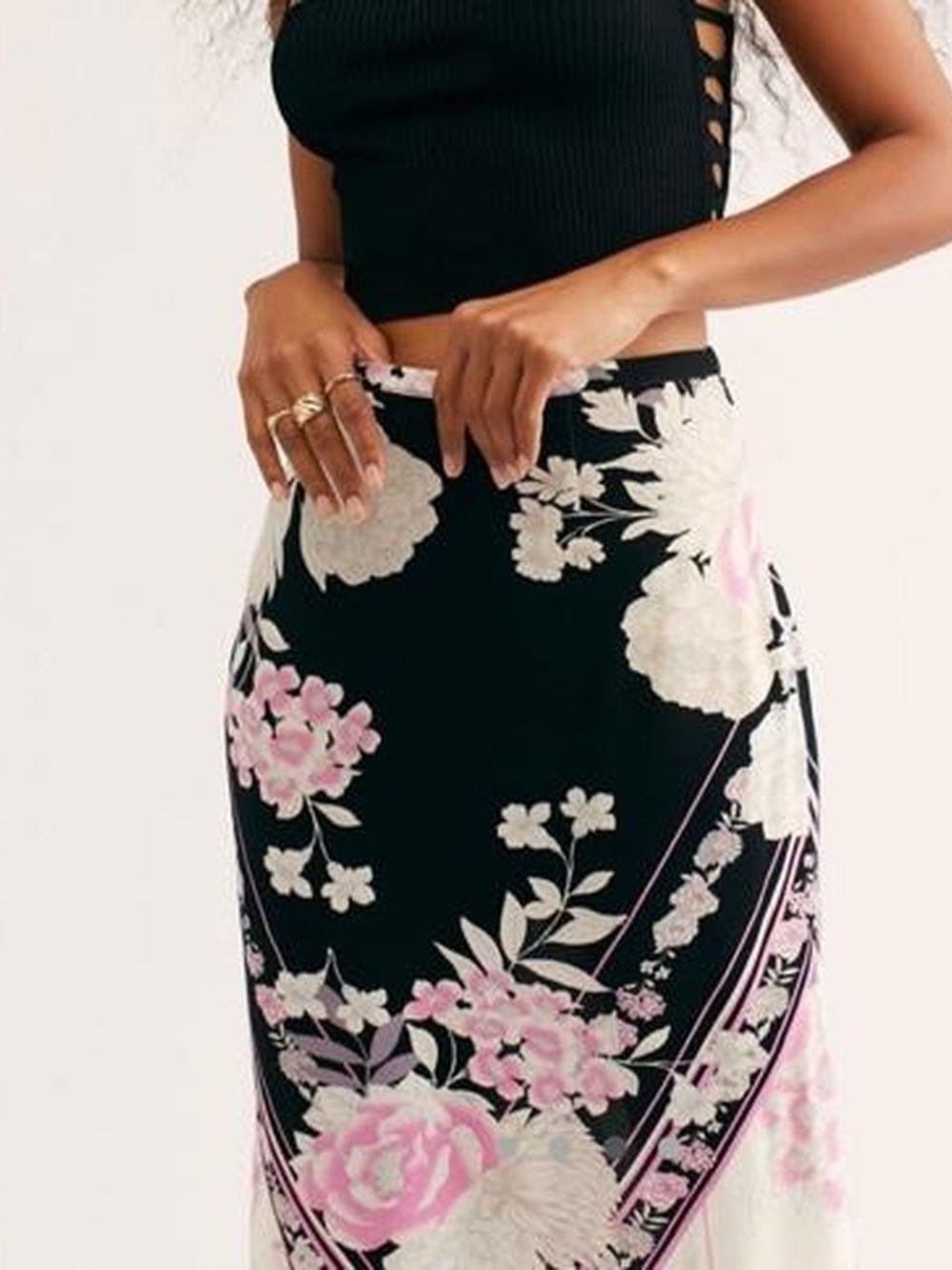 Free People Black Maxi Skirt with Pink & Cream Floral Print